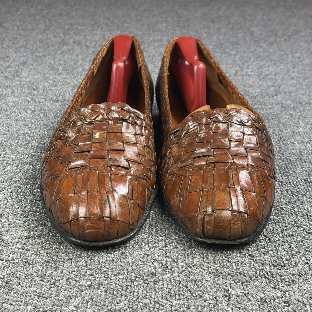 Moreschi Woven Leather Loafers Mens 10 Brown Handmade Italy Basket Weave Slip On